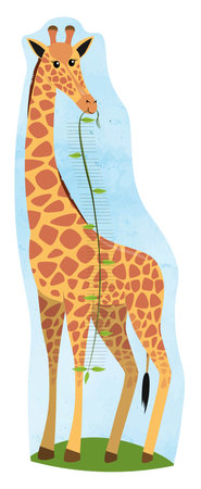 Meter wall giraffe with liana in mouth. Universal scale to fill in. Cute poster for children with funny animal. Vector illustration isolated on white.のイラスト素材