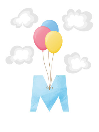 Metric poster to kids room with letter hanging on baloons and four clouds with copyspace, vector illustrationのイラスト素材