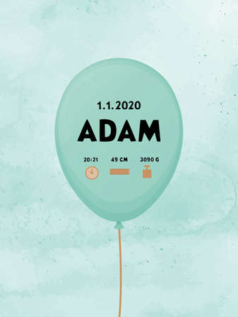 Metric poster to kids room with baloon and name, date, time weight and lenght, vector illustrationのイラスト素材