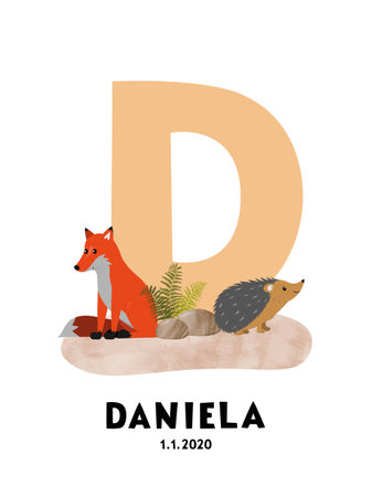 Poster with first letter and name of baby with forest animals, cute vector illustration for kidsの写真素材