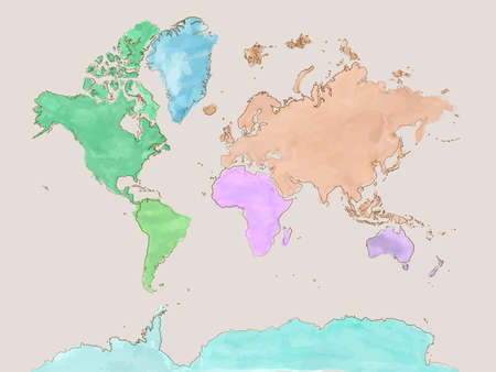 colorful childish watercolor world map with outline, vector illustrationのイラスト素材