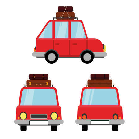 Funny cartoon vector car with bags on the roof. Front, side and back view. Vector illustration isolated on white background. For holiday cards, banners, web.のイラスト素材