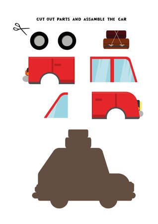 Cut out car, game for children. Funny cartoon vector vehicle with bags on the roof. Activity page.のイラスト素材