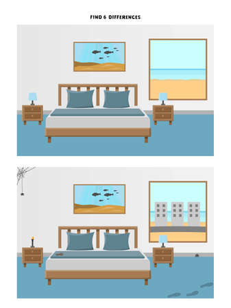Find differences in hotel room. Educational Game for Kids. Vector comic Illustration in Cartoon style. Activity Page for children.のイラスト素材