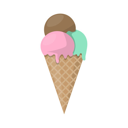 Melting ice cream balls in the waffle cone isolated on white background. Vector icon. Cartoon style illustration for print, stickers, cards.のイラスト素材
