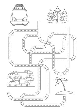 Cute maze for children. Car going to holiday. Kids learning games. Black and white, line art. Activity page.のイラスト素材