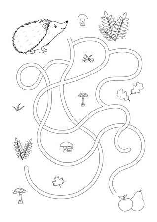 Cute maze for children. Help hedgehog find fruit. Kids learning games. Black and white, line art. Activity page.のイラスト素材