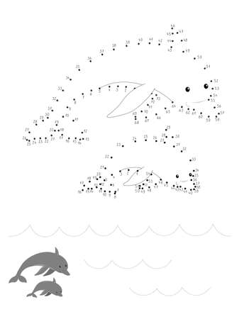 Connect The Dots and Draw Cute Cartoon Dolphins. Educational Game for Kids. Vector Illustration With Cartoon Animal Characters. Activity Page.のイラスト素材