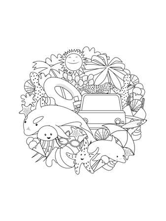 Cute coloring page for kids with cartoon animals and things on beach. Cartoon big coloring poster in doodle style.のイラスト素材