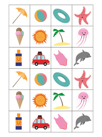 Summer memory game cards with cute beach objects. Matching activity. Remember and find correct picture card. Simple sea vacations printable worksheet for kidsのイラスト素材