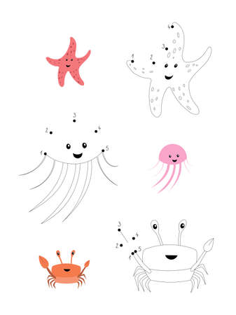 Connect The Dots and Draw Cute Cartoon sea animals. Educational Game for Kids. Vector Illustration With Cartoon Animal Characters. Activity Page.のイラスト素材