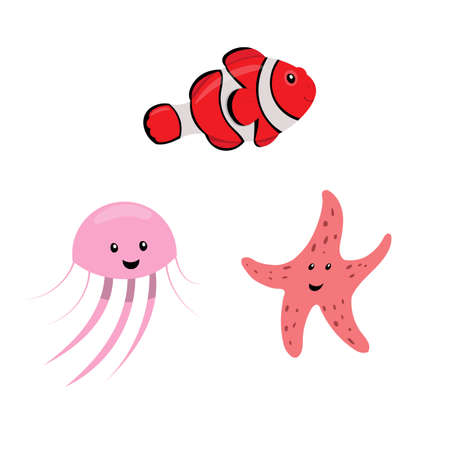 Cute sea animals on a white background in cartoon childish style. Vector illustration with starfish, clownfish, jellyfish for kids.のイラスト素材