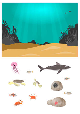 cartoon sea animals set of stickers and underwater background, vector in childish style for stickerbook, illustration for education and fun for kidsの写真素材