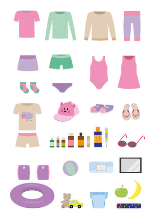 travel list to pack for little girl, traveling with a toddler vector illustration, clothing and accessories, isolated itemsのイラスト素材
