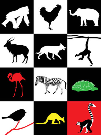 Collection of realistic silhouettes of animals in contrasting colors(black and white, red, yellow, green) easily visible to infants and little children. Vector illustration for kids. Cards for babies.のイラスト素材