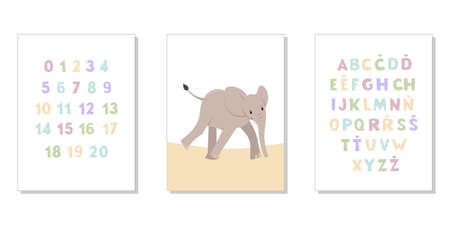 Set of educational posters for children. Colorful vector alphabet, numbers and funny elephant. Poster for kids. Pastel colors.のイラスト素材