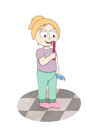 Little girl with tooth brush and toothpaste. Happy smiling child trying to eat toothpaste. Funny vector illustration.のイラスト素材