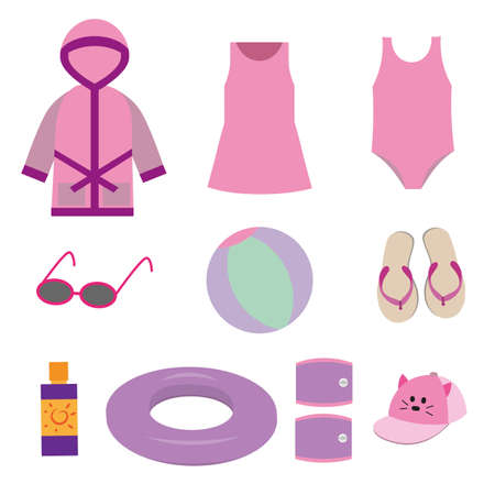 list to pack for little girl on beach, traveling with a toddler vector illustration, clothing and accessories for summer time, isolated itemsのイラスト素材