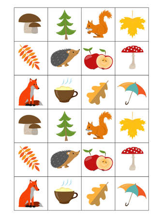 Autumn memory game cards with cute objects. Matching activity. Remember and find correct picture card. Simple fall printable worksheet for kidsのイラスト素材