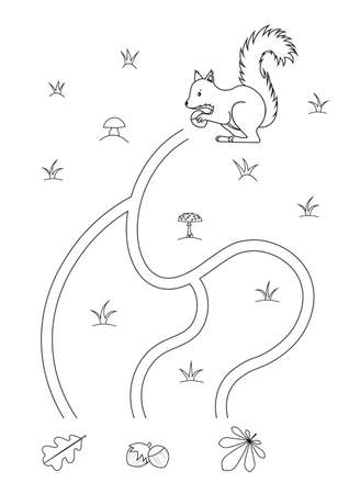 Cute maze for children. Help squirrel to find nut. Kids learning games. Black and white, line art. Activity page for the little ones.のイラスト素材