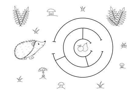 Cute maze for children. Help hedgehog to find fruit. Kids learning games. Black and white, line art. Activity page for the little ones.のイラスト素材