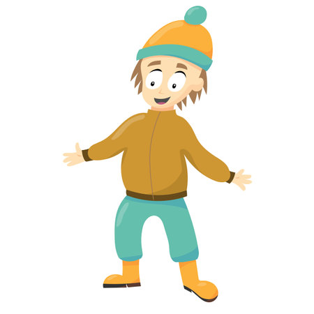 Cute cartoon boy with hat and rubber bands. Vector illustration of kid for autumn and winter season.のイラスト素材