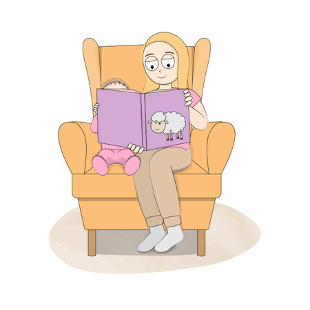 Mother reading fairy tale book to baby child and sitting on armchair. Cute cartoon illustration isolated on white.のイラスト素材