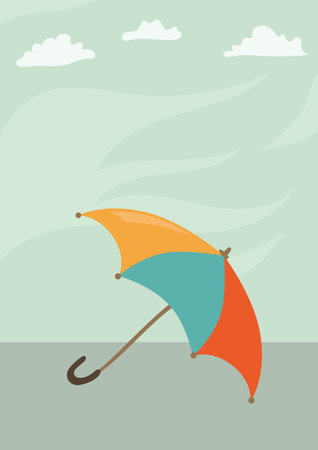 Colorful umbrella blown by the wind, cartoon autumn vector background with copy space, flat designのイラスト素材