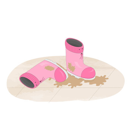 Rubber boots with mug, vector isolated cartoon illustration for autumn seasonのイラスト素材