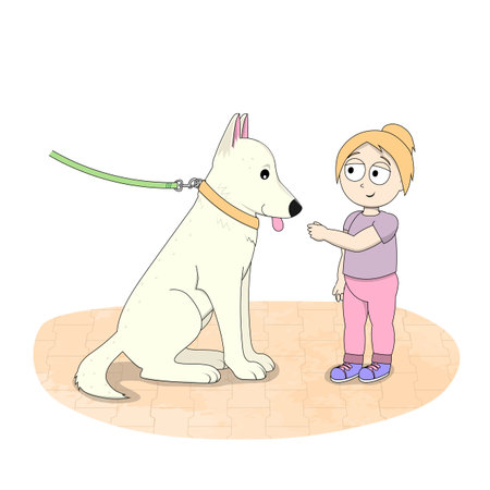 happy cute little girl want to pet the dog, nice cartoon illustration for children isolated on white background, flat designのイラスト素材