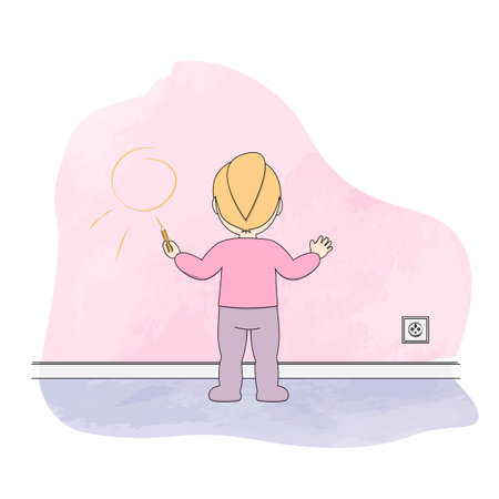 Girl draws sun on the wall, funny cartoon vector illustration for children isolated on white, flat designのイラスト素材