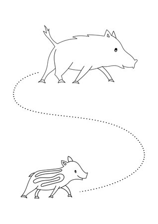 Cute coloring page and activity for kids with cartoon baby and mother wild pig. Cartoon vector illustration for children isolated on white background.のイラスト素材