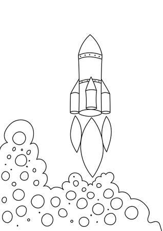 Cute coloring page for kids with cartoon rocket. Cartoon vector illustration for children isolated on white background.のイラスト素材