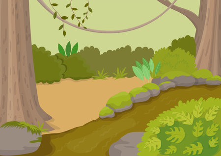 Jungle landscape with river, trees and lianas. Vector colorful cartoon background.のイラスト素材