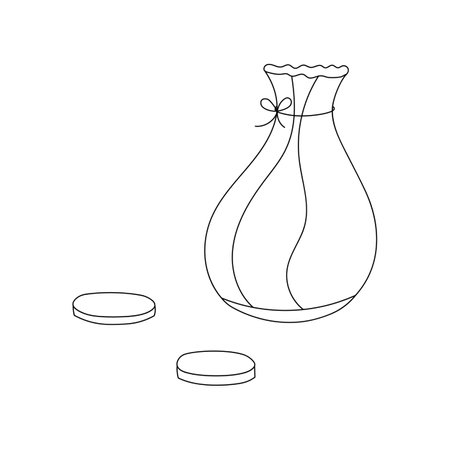 Cute coloring page for kids with cartoon purse and money. Cartoon vector illustration for children isolated on white background.のイラスト素材