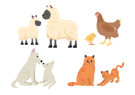Cute farm animals. Mothers and babies. Cute animal vector illustration for kids. Cartoon flat style.のイラスト素材