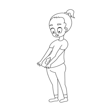 Surprised girl with dirty t-shirt, stain on clothes. Coloring page for kids. Cartoon illustration for children isolated on white background.のイラスト素材