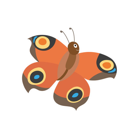 Peacock butterfly isolated on white background. Beautiful flying insects. Vector illustration in cute cartoon flat style. Design for kids.のイラスト素材