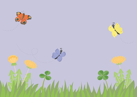 Spring background with butterflies above meadow. Vector poster ofr banner in pastel colors.のイラスト素材