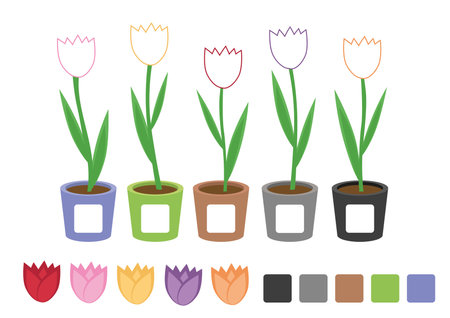 Matching children educational game with tulips. Cut out shapes and match them by colors. Activity page for preschool kids and toddlers.のイラスト素材