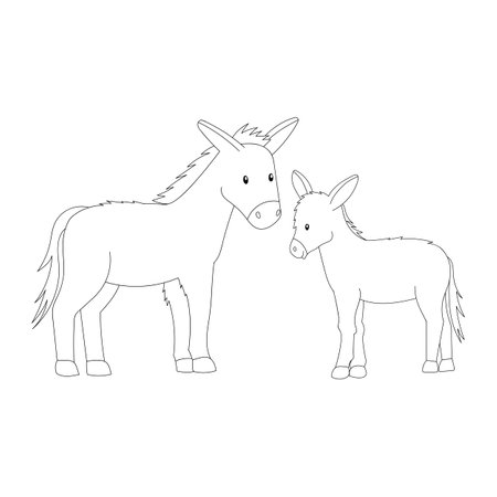 Mother and baby donkey. Coloring page for kids. Cartoon illustration for children isolated on white background.のイラスト素材