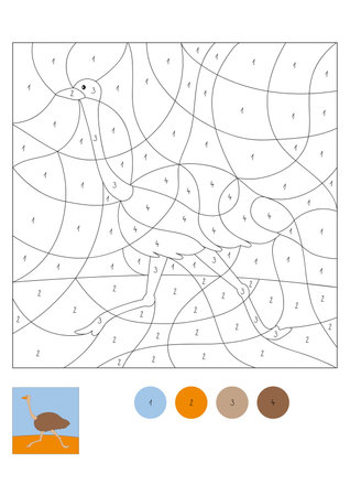 Number coloring page for preschool children with cute cartoon ostrich. Color by number worksheet. African animals. Educational game.のイラスト素材