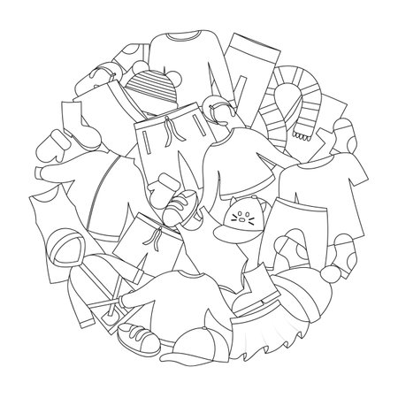 Circle shape doodle coloring page with clothes. Activity for kids, coloring book, worksheet, amusement, fun.のイラスト素材