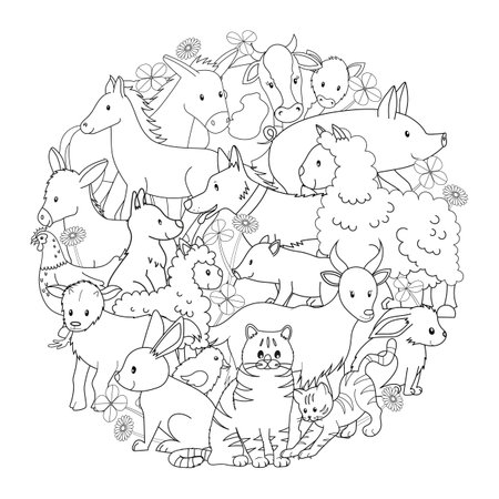 Circle shape doodle coloring page with farm animals. Activity for kids, coloring book, worksheet, amusement, fun.のイラスト素材