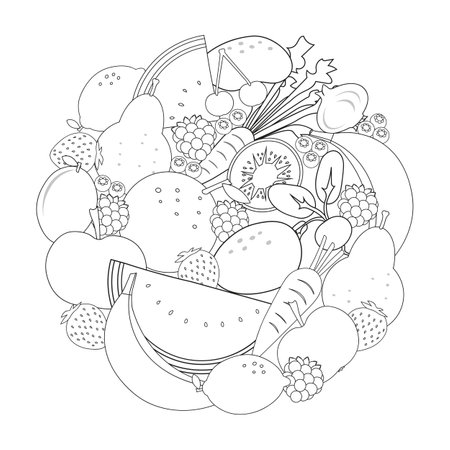 Circle shape doodle coloring page with fruit and vegetables. Activity for kids, coloring book, worksheet, amusement, fun.のイラスト素材