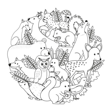 Circle shape doodle coloring page with forest animals. Activity for kids, coloring book, worksheet, amusement, fun.のイラスト素材