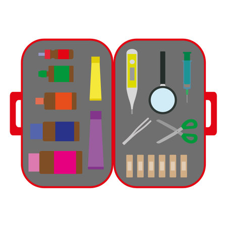 Opened doctors suitcase with medicines. First aid kit. Vector cartoon illustration.のイラスト素材