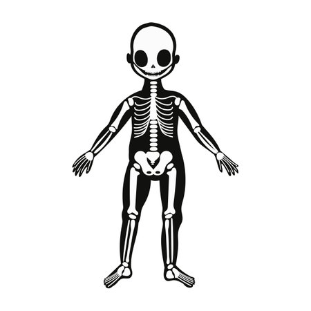 Skeleton, educational anatomy illustration for kids. Cute cartoon little human isolated vector on white background.のイラスト素材
