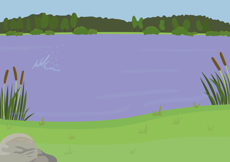 Summer landscape with a pond. Flat style. Vector illustration with natural background in cartoon style.のイラスト素材