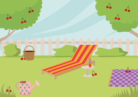 Find cherries in summer garden educational illustration for kids. Garden backyard with wooden fence green cherry trees and bushes and deck chair.のイラスト素材